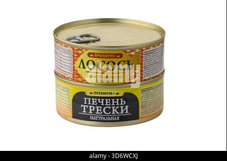 Tbilisi, Georgien 11.16.2025 zwei erstklassige Fischkonserven werden zusammen gezeigt: Die obere Dose zeigt Lachsstücke in natürlichem Saft, die untere Dose enthält natürliche c Stockfoto