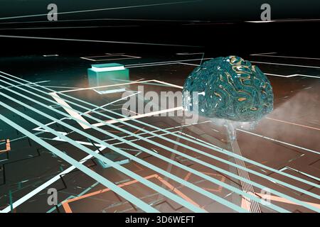 3D-Rendering von kristallinem Gehirn und digitaler Leiterplatte Stockfoto