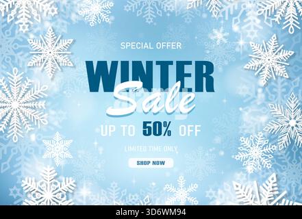 Banner für den Winterverkauf mit Rabatttext und Schneeflocken auf blauem Hintergrund. Stock Vektor