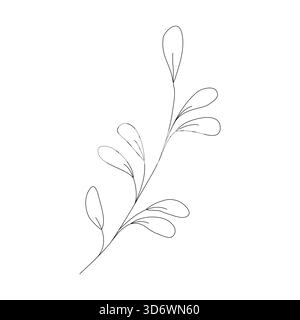 Grafisches Element „Zweig mit Blättern“. Doodle minimalistischer Stil in Schwarz. Handgezeichnete Abbildung. Umrissschablone für Grußkarte, einfaches Logo, süß Stock Vektor