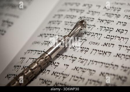 Nahaufnahme eines traditionellen silbernen Yad-Zeigers auf hebräischem Bibeltext, der den jüdischen Glauben und die Thora-Lesung in Jerusalem symbolisiert. Stockfoto