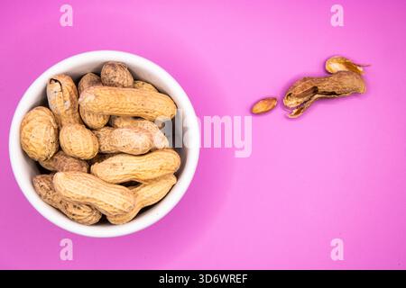 Affennüsse in einer weißen Schale auf einem einfachen Hintergrund, geeignet für Speisen, Snacks und Zutaten. Stockfoto