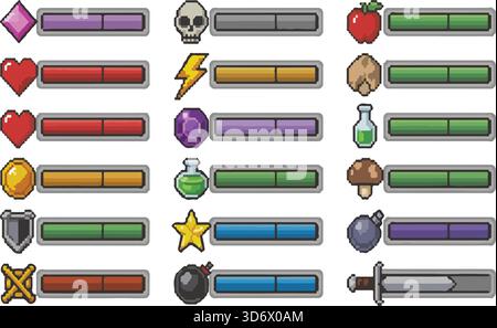 Pixel Art Game Interface Health, Mana und Experience Bars Sammlung - Vektor Retro Video Game Elements, UI Design, Fortschrittsindikatoren, Symbole Stock Vektor