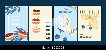 Happy Hanukkah Grußkarten Set. Flache Vektorabbildungen mit Piece- und Lichtsymbolen. Happy Hanukkah Feier Designs mit Menora und Dreide Stock Vektor