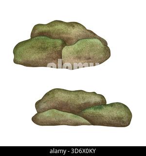Aquarellmoos. Grünes und braunes Moos isoliert auf weißem Hintergrund. Stockfoto