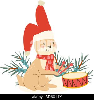 Niedliches weihnachtskaninchen mit Trommel im weihnachtsmann Hut isoliert. Weihnachtskomposition mit wacholder und weihnachtlichem Babytier. Handgezeichnete Vektorgrafik. Stock Vektor