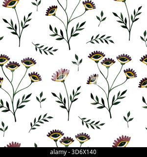 Nahtloses Aquarellmuster mit schrulligen stilisierten Wildblumen mit Augen auf weißem Hintergrund. Stockfoto