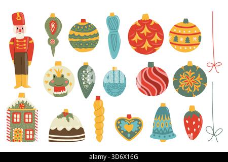 Weihnachtskugeln, Baumschmuck. Festliche Weihnachtsdekorationen im Cartoon-Stil. Set von handgezeichneten weihnachtskugeln, Dekorationen. Vektor-Illustration von Retro-weihnachtsbaum-Spielzeug. Stock Vektor