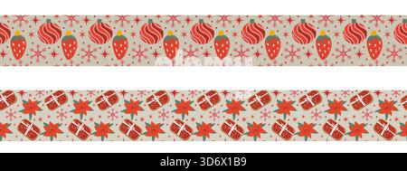 Set mit nahtlosem Rahmenmuster für Weihnachten in Rot. Flache Zeichentrickvektorillustration. Weihnachtskekse und -Ornamente auf dunklem Hintergrund. Weihnachtsschlitten mit holly Beere und Kugeln mit Schneeflocken. Stock Vektor