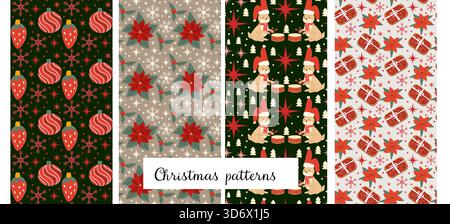 Set aus nahtlosen Weihnachtsmustern mit Lebkuchenkeksen Geschenken, Häschen und festlicher Dekoration. Weihnachtliche, festliche Hintergründe mit Kugeln. Flache Zeichentrickvektorillustrationen. Stock Vektor