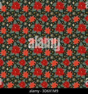 Nahtloses Weihnachtsmuster mit Weihnachtsstern, amaryllis-Blumen und festlichen Elementen. Vintage-Blumenhintergrund mit Winterpflanzen, Schneeflocken und Weihnachtsdekorationen in Rot, Grün und weiß. Stock Vektor