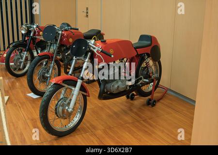 Rote klassische Wettbewerbsmodelle, die auf einem Holzboden in einem Museum ausgestellt werden, das Automobilgeschichte und Vintage-Design zeigt Stockfoto