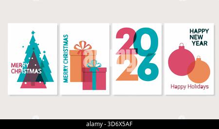 Satz mit 2026 Weihnachtskarten. Umfasst Weihnachtsbäume, Geschenke, Neujahrsgrüße und Ornamente. Modernes, sauberes Design. Stock Vektor