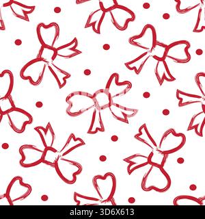 Gemalte Pinselstrichbögen mit fleckennahtlosem Vektormuster Hintergrund. Rotes Band auf weißem Grund mit Polka Dots. Valentinstag oder Weihnachtswiederholung Stock Vektor