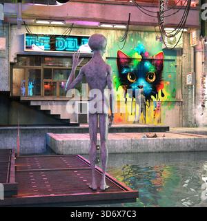 3D-Illustration von zwei grauen Außerirdischen mit einem Außerirdischen, der versucht, die Aufmerksamkeit des anderen in einer verlassenen Gasse zu erregen, mit Graffiti im Backgr Stockfoto