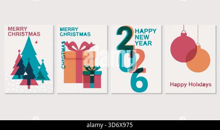 Vier Weihnachtskarten mit Weihnachtsbäumen, Geschenken, 2026 und Ornamenten. Vektorillustration für Grußkarten, Banner und Dekorationen. Stock Vektor