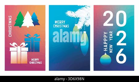 Set aus drei festlichen Weihnachts- und Neujahrskarten 2026 mit Bäumen, Geschenken und Ornamenten auf farbenfrohen Hintergründen. Stock Vektor