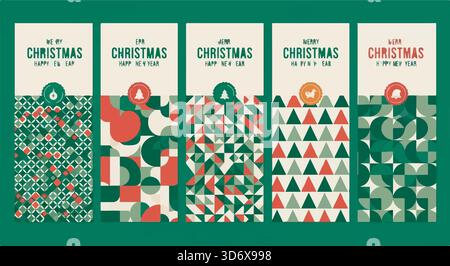 Retro-Weihnachtskarten mit geometrischen Mustern in Grün und Rot. Design-Elemente für den Urlaub in Print oder Web. Stock Vektor