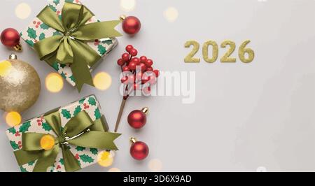 Festliche Neujahrsflachung 2026 mit Geschenken, Ornamenten und Bokeh-Lichtern auf weißem Hintergrund. Kopierbereich. Stock Vektor