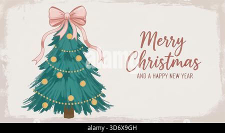 Weihnachtskarte mit Aquarell-Weihnachtsbaum, rosa Schleife und „Merry Christmas“-Text. Weihnachtsgrußkarte, Weihnachtszeit. Stock Vektor