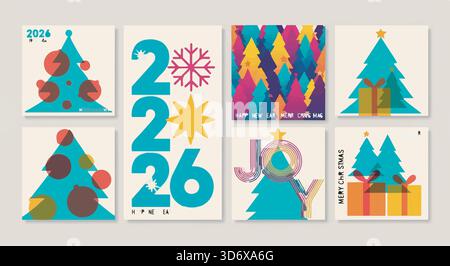 2026 Neujahrskarten mit Weihnachtsbäumen. Festliche, farbenfrohe Grußvorlagen im Retro-Stil. Weihnachtsbilder. Stock Vektor