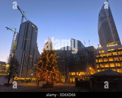 Beleuchteter weihnachtsbaum vor der Skyline von Haag in der Abenddämmerung, leuchtende Lichter der Stadt schaffen eine festliche urbane Winterszene. Stockfoto