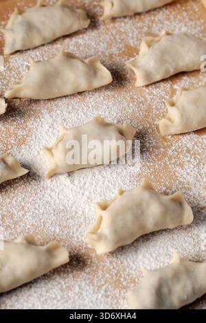 Nahaufnahme traditioneller polnischer Knödel mit gekräuselten Kanten, mit Mehl bestäubt, in einem Blech oder einer Schüssel aus Metall vor dem Garen ruhen Stockfoto