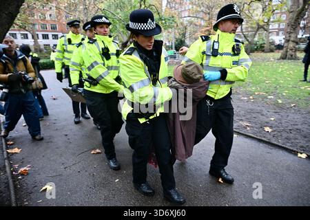 London, Großbritannien. November 2025. Protest der Palästinensischen Aktion auf dem Tavistock-Platz. Die zivilgesellschaftliche Aktionsgruppe "verteidige unsere Geschworenen" startete einen Tag landesweiter Proteste, trotz der drohenden Verhaftung durch die Polizei. Die Gruppe wird einer gerichtlichen Überprüfung der Entscheidung der Regierung ausgesetzt, die Palästinensische Aktion als terroristische Gruppe einzustufen. Quelle: michael melia/Alamy Live News Stockfoto