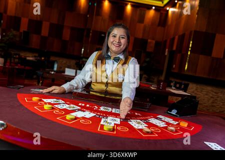 Casino-Händler präsentiert Blackjack-Karten und Chips am Spieltisch und bietet professionellen Service in einer lebhaften Casino-Umgebung. Stockfoto