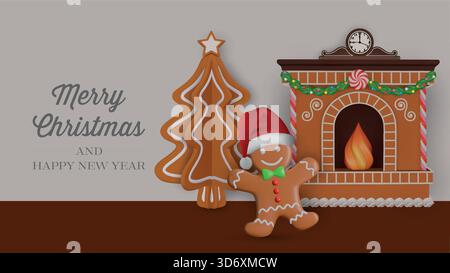weihnachtsbanner mit Lebkuchenmann mit weihnachtsmann Hut in einem Wohnzimmer mit Lebkuchenkamin und Lebkuchensessel. Stock Vektor