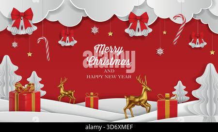 weihnachtlicher Hintergrund mit Peer Wolken, Glocken, Schneeflocken und 3D-Rentieren und Geschenkboxen Stock Vektor
