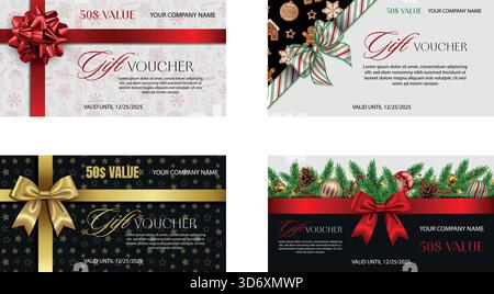 Set weihnachtsgeschenkkarten mit Schleifen und Bändern. Sammlung von weihnachtsgutscheinen Stock Vektor