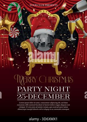 Poster mit rotem und goldenem Thron und Discoball mit weihnachtsmannmütze. weihnachtsfeier-Flyer mit Partyballons Stock Vektor