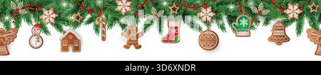 Nahtlose weihnachtsträhnen mit Tannenzweigen, Dekorationen und Lebkuchen. Nahtlose weihnachtsgirlanden mit Ornamenten Stock Vektor