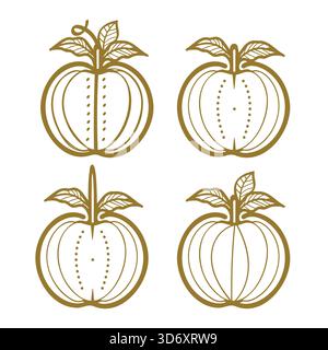 Ein stilvoller goldener Kürbis mit Blatt, minimalistischem Design und gepunkteter Textur Stock Vektor