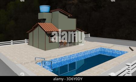 Realistisches 3D-Rendering eines atemberaubenden modernen Sommerhauses mit Infinity-Pool, eingebettet in üppige tropische Berge. Stockfoto
