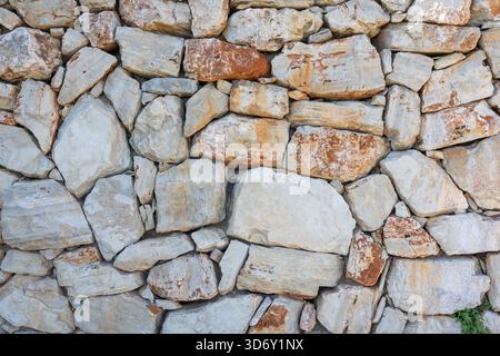 Eine verwitterte graue Steinmauer aus unregelmäßigen Felsen, die mehrschichtiges Mauerwerk und Anklänge von trockenem Gras im Vordergrund zeigt. Ideal für rustikale Architektur Stockfoto