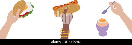 Verschiedene Nationalitäten halten Sandwich Hot Dog und Löffel in der Nähe von Soft Boiled Egg in Eggcup. Isolierte Vektor-Illustration Lebensmittelbezogene Inhalte Lieferung oder Promotion Menükarten, Preisschild, Broschüren Stock Vektor