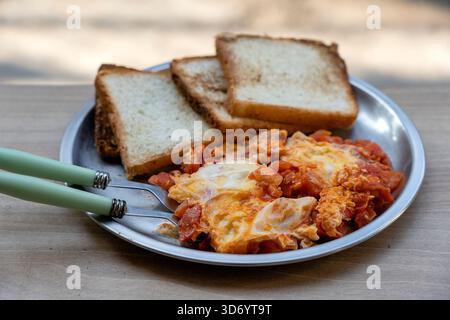 Ein Teil Shakshuka auf einem Teller. Nahöstliches traditionelles Gericht mit Spiegeleiern, Tomaten, Paprika und Gemüse, Nahaufnahme Stockfoto