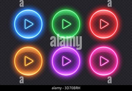 Neon-Tasten für Medienwiedergabe. Farbenfrohe, glänzende Symbole für die Audiosteuerung Stock Vektor