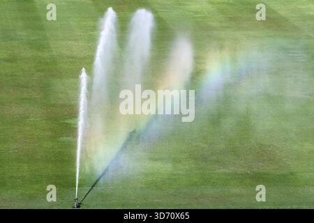 Erfrischende Sprinklerbewässerungsanlage sprühen Wasser über den grünen Rasen und erzeugen einen lebhaften Nebel mit einem schwachen Regenbogen. Die Bewegung zeigt das Gießen großer Gefallener Stockfoto