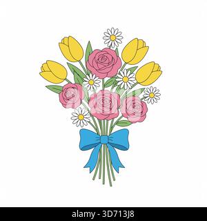 Bunte Frühlingsblume Blumenstrauß mit Band botanische Icon Vektor Illustration für Blumengeschenk Feier Natur fröhlich und dekorativ Stock Vektor