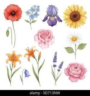 Bunte gemischte Blumen Sammlung botanische Icon Vektor Illustration für Blumenvariante Garten Frühling Blumenstrauß und dekorative Natur Konzepte Stock Vektor