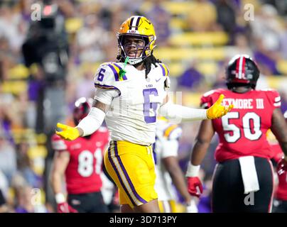 Baton Rouge, Louisiana, USA. November 2025. LSU Defensive End Patrick Payton (6) reagiert während der zweiten Hälfte eines College-Footballspiels zwischen den Louisiana State Tigers und den Western Kentucky Hilltoppers und am 22. November 2025 in Baton Rouge, Louisiana. LSU gewann mit 13:10. (Kreditbild: © Scott Coleman/ZUMA Press Wire) NUR REDAKTIONELLE VERWENDUNG! Nicht für kommerzielle ZWECKE! Quelle: ZUMA Press, Inc./Alamy Live News Stockfoto