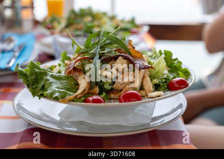 Caesar Salat, verschiedene Salatsorten mit gegrilltem Huhn und Croutons, beliebte mediterrane Mahlzeit, Nahaufnahme Stockfoto