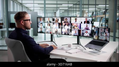 Junge Geschäftsleute Führen Online-Meetings Mit Multikulturellen Kollegen Über Videokonferenz Durch. Stockfoto