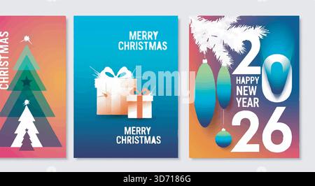 Set mit 3 farbenfrohen 2026 Neujahrs- und Weihnachtsvektorkarten. Abstraktes Design mit Baum, Geschenken, Ornamenten. Weihnachtsgrüße. Stock Vektor