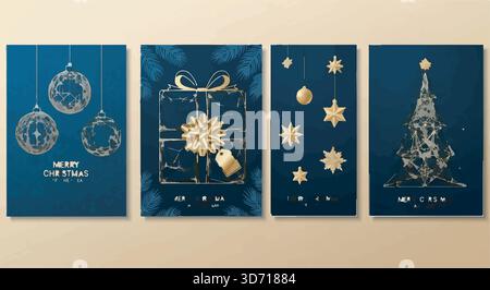Elegantes Weihnachtskartenset: Blau-goldene Weihnachtsmotive mit Ornamenten, Geschenken, Sternen und einem Baum. Stock Vektor
