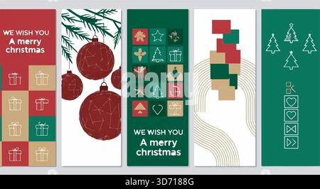 Stilvolles Weihnachtskarten-Set mit modernen festlichen Designs. Vorlagen für Vektorillustrationen für Feiertagsgrüße und Einladungen. Stock Vektor