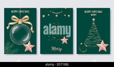 Set mit drei Weihnachtskarten mit festlichen Illustrationen in Grün und Gold. Weihnachtsgrüße. Stock Vektor